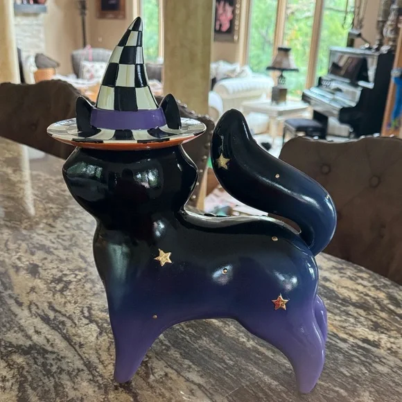 Mackenzie Childs Fortune Teller Black Cat Halloween Figurine with Witch Hat - Picture 3 of 3